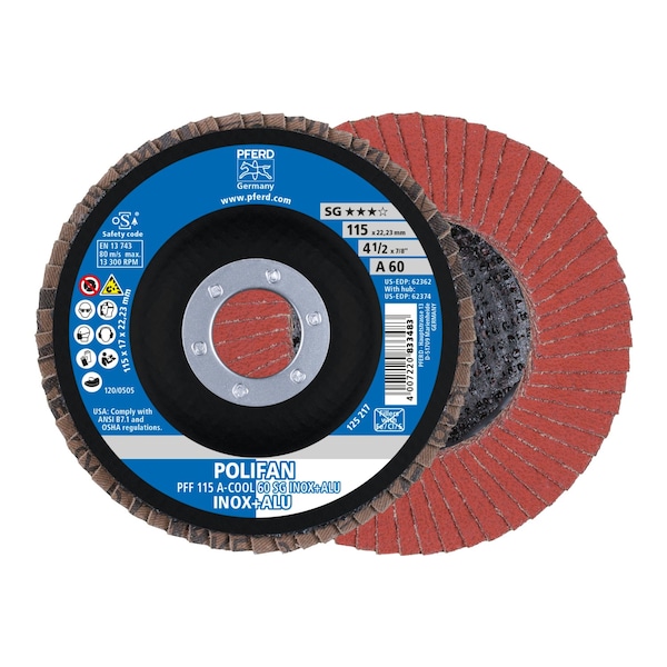 Pferd 4-1/2" x 7/8" A.H. POLIFAN Flap Disc - A-COOL SG INOX+ALU, Aluminum oxide, 60 Grit, Flat 62362 - main